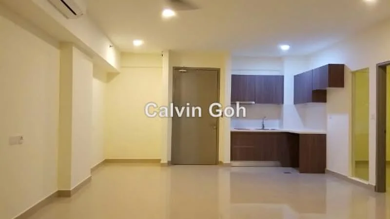 Living features: cream painted walls, polished tile flooring, recessed downlights, wall-mounted split AC, kitchenette with brown cabinetry, single-bowl stainless-steel sink, built-in countertop, door leading to another room, open layout, neutral color scheme; style: modern.