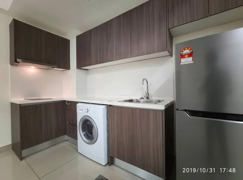 Kitchen features: dark wood cabinetry, white quartz countertop, single-bowl stainless-steel sink, chrome pull-down faucet, built-in oven, 4-burner gas hob, stainless-steel fridge, front-load washing machine, recessed downlights, ceramic tile flooring, white tiled backsplash; style: modern.