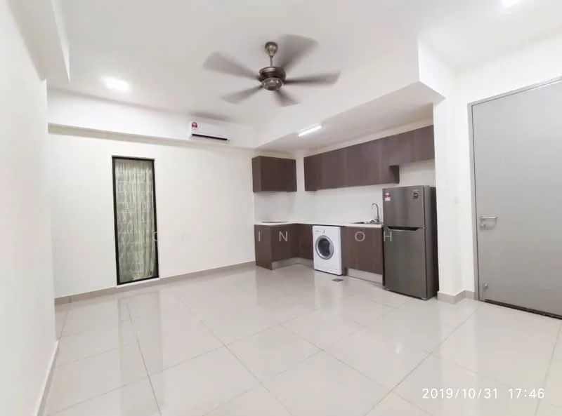 Living features: white painted walls, glossy tile flooring, 5-blade ceiling fan with light, recessed downlights, kitchenette with upper and lower cabinets, stainless-steel fridge, front-load washing machine, window with sheer curtains, sliding glass door, neutral color scheme; style: modern.