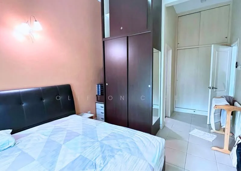 Bedroom features: queen-size bed with upholstered headboard, built-in wardrobe with sliding doors, nightstand with drawer, wall-mounted light fixtures, cream painted walls, tile flooring, mirror on wardrobe, door leading to hallway; style: modern.