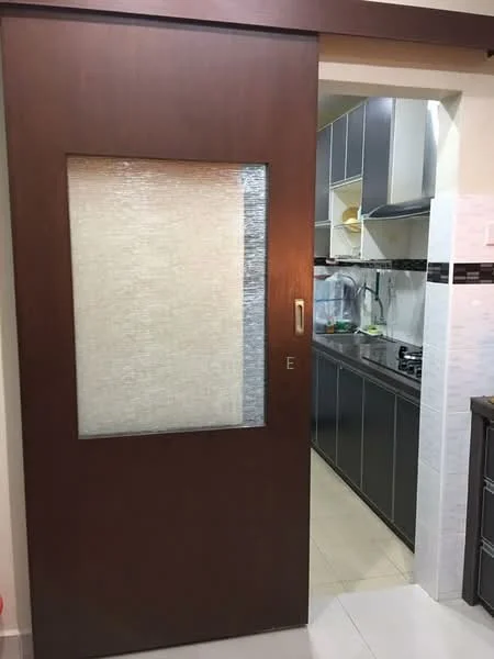 Room features: sliding wooden door with glass panel, kitchen cabinetry in grey, stainless-steel gas hob, white tiled backsplash, light-colored floor tiles, open kitchen layout, kitchen sink, countertop with storage below; style: modern.