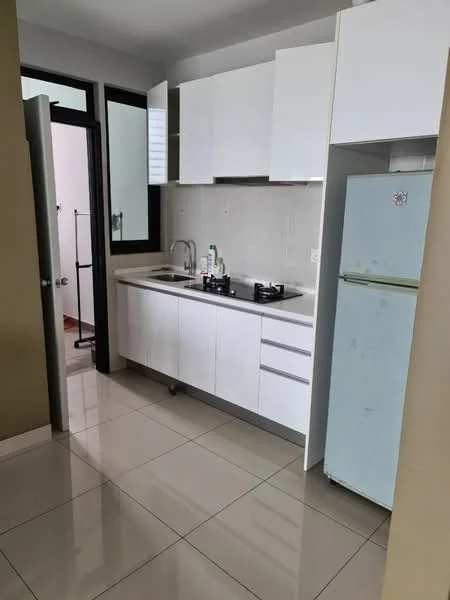 Kitchen features: white cabinetry, stainless-steel sink, chrome pull-down faucet, gas stove with two burners, white tiled backsplash, white refrigerator, grey countertop, ceramic tile flooring, wall-mounted cabinets, open shelving, window for natural light, door leading to hallway; style: modern.