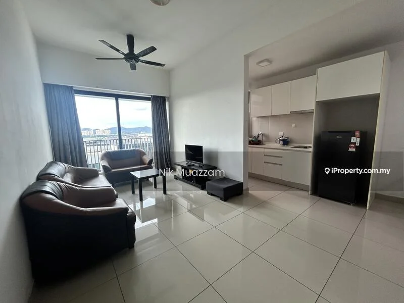 Living features: 3-seater fabric sofa in brown, 2-seater leather sofa, coffee table, floor-to-ceiling windows, curtains, ceiling fan, wall-mounted TV, tile flooring, white painted walls, recessed downlights; style: modern; view: city. Kitchen features: white cabinetry, stainless-steel fridge, built-in oven, ceramic cooktop, sink, countertop, tile backsplash, open shelving; style: modern.