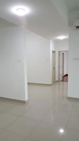 Room features: white painted walls, glossy ceramic tile flooring, recessed ceiling lights, doorway leading to another room, doorway leading to hallway, air conditioning unit on wall; style: modern.