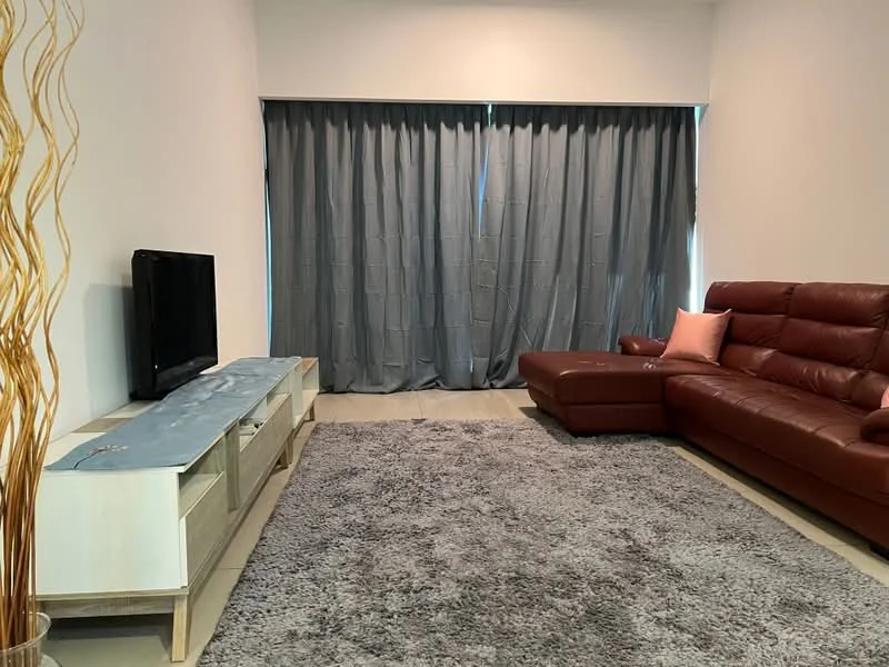 Living features: brown leather sectional sofa, flat-screen TV on media console, light grey area rug, floor-to-ceiling curtains in grey, white painted walls, recessed downlights, media console with storage, decorative floor vase; style: modern.