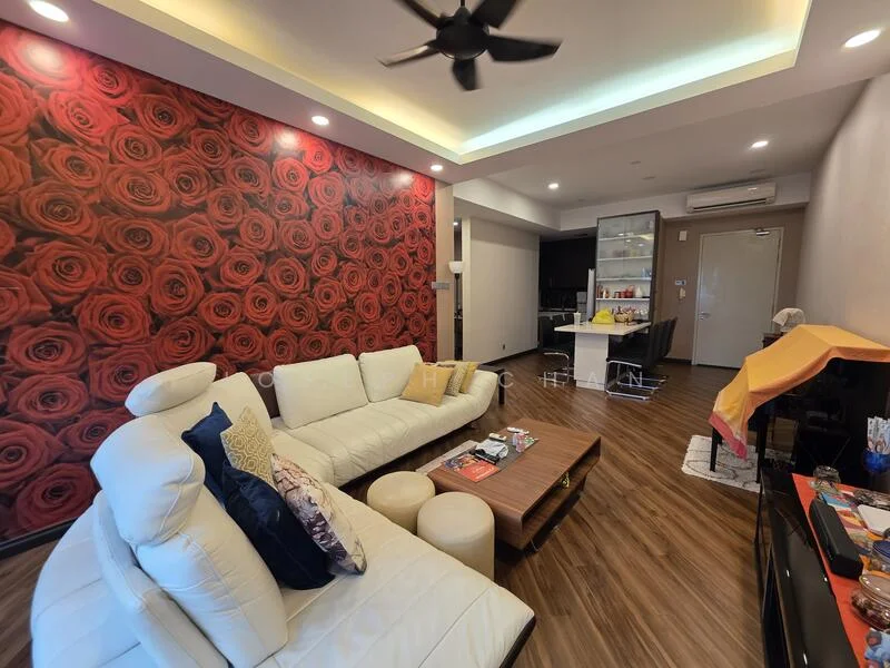 Living features: white leather sectional sofa, wood coffee table, wall-mounted TV, TV console, red floral accent wall, recessed ceiling lights, ceiling fan, laminate flooring, decorative cushions, area rug, open layout to dining area; style: modern.