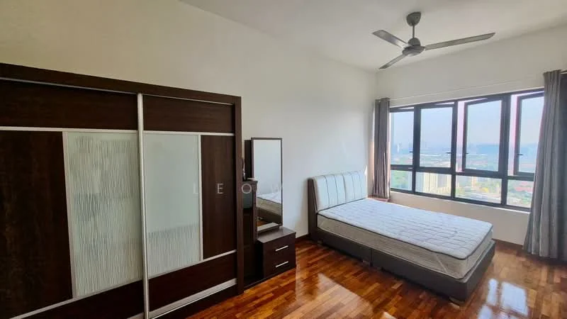 Bedroom features: queen-size bed, upholstered headboard, wooden flooring, built-in wardrobe with sliding doors, nightstand with drawer, floor-to-ceiling windows, curtains, ceiling fan with light, mirror, city view; style: modern; view: city.