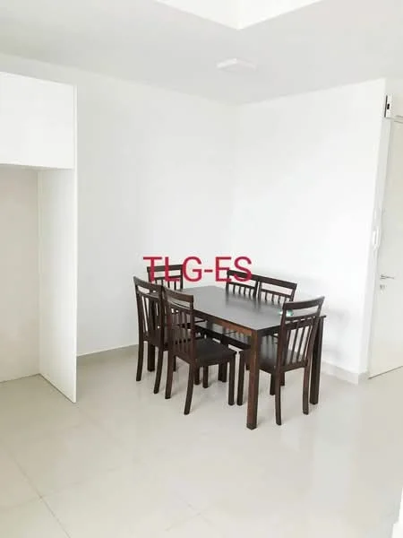Dining features: white painted walls, ceramic tile flooring, dining table with dark wood finish, 4 dining chairs with dark wood finish, ceiling light fixture, built-in storage cabinet, neutral color scheme; style: modern.