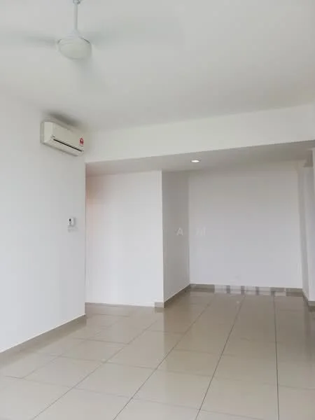 Room features: white painted walls, tile flooring, 1 wall-mounted split AC, recessed downlights, ceiling fan, neutral color scheme; style: modern.