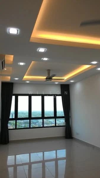Living features: white painted walls, tray ceiling with recessed lighting, 5-blade ceiling fan with light, floor-to-ceiling windows, blackout curtains, polished ceramic tile flooring, LED downlights, city view; style: modern; view: city.