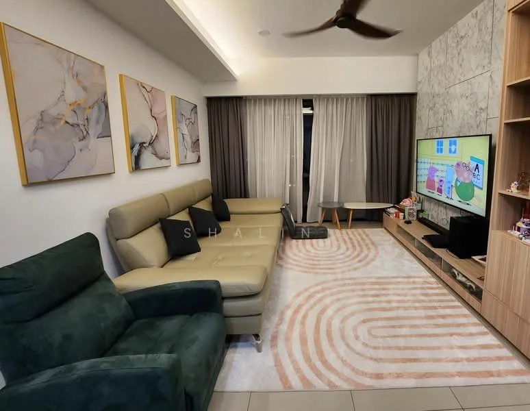 Living features: 3-seater leather sofa in beige, 2-seater fabric sofa in green, coffee table, wall-mounted TV, TV console, area rug with geometric pattern, framed artwork, floor-to-ceiling windows with sheer curtains, ceiling fan, light-colored walls, marble accent wall; style: modern.
