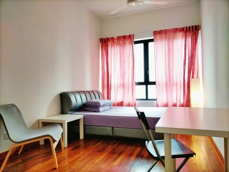 Bedroom features: queen-size bed with upholstered headboard, purple bedding, wooden flooring, white painted walls, floor-to-ceiling window, sheer pink curtains, desk with white surface, black chair, wooden accent chair, ceiling fan; style: modern.