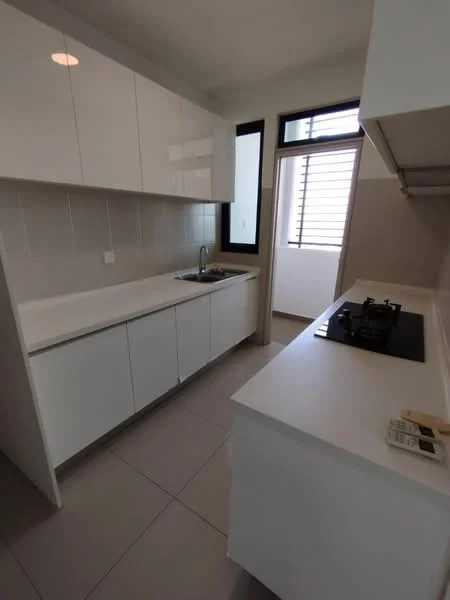 Kitchen features: white cabinetry, single-bowl stainless-steel sink, chrome pull-down faucet, white countertop, built-in gas hob, tile backsplash, grey tile flooring, large window for natural light, open layout, wall-mounted cabinets, counter space, door leading to balcony; style: modern.