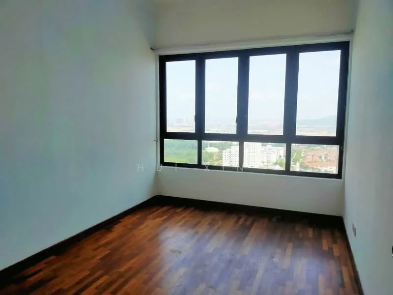 Room features: white painted walls, wooden flooring, floor-to-ceiling windows, city view; view: city.
