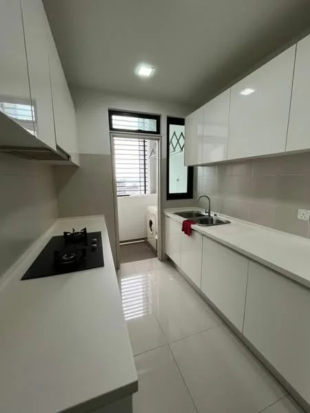 Kitchen features: white glossy cabinetry, white countertop, stainless-steel sink, chrome pull-down faucet, built-in gas hob, wall-mounted oven, ceramic tile backsplash, grey tiled flooring, window with horizontal slats, door leading to balcony, washing machine, hanging light fixture; style: modern.