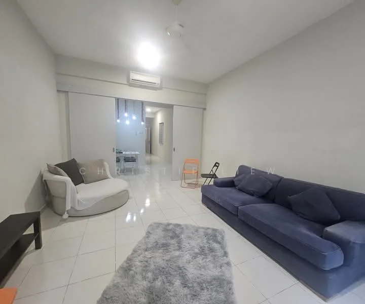 Living features: white painted walls, glossy tile flooring, 5-blade ceiling fan, sofa in dark blue fabric, 2-seater fabric sofa in white, area rug in grey, sliding door to hallway, dining area visible in background, air conditioning unit on wall; style: modern.