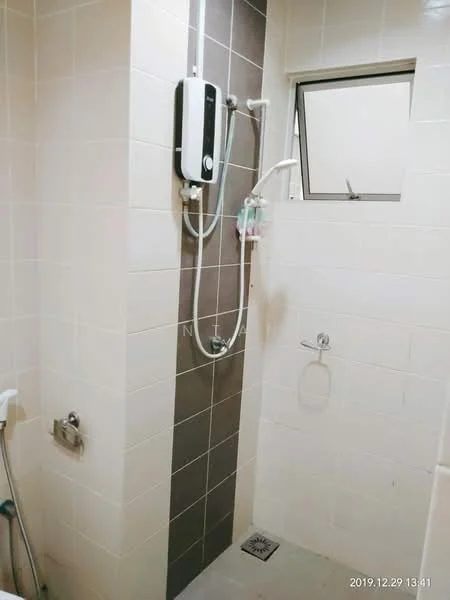 Bathroom features: white tiled walls, dark grey accent wall, shower area with glass partition, wall-mounted shower head, handheld shower, water heater, small window for ventilation, floor drain, chrome towel holder, chrome faucet; style: modern.