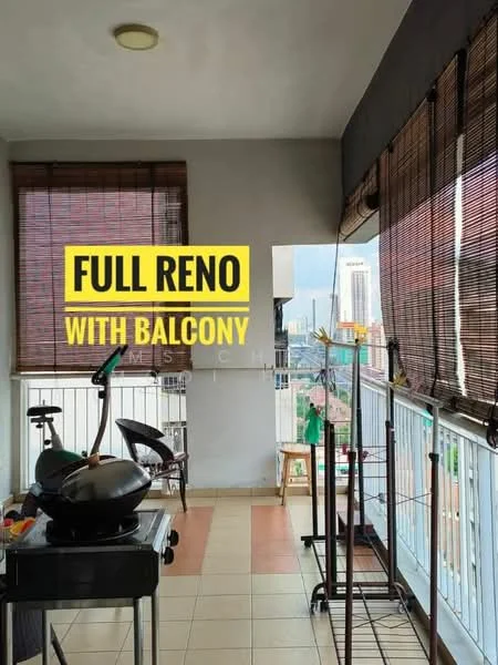 Room features: tile flooring, bamboo blinds, balcony with railing, outdoor furniture, grill, clothes drying rack, city view, light fixture on ceiling; style: modern; view: city.