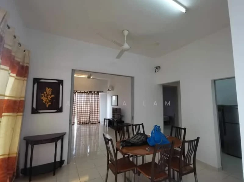 Dining features: round wooden dining table, 4 wooden dining chairs, ceiling fan, white painted walls, glossy tile flooring, window with sheer curtains, decorative wall art, light fixture on ceiling; style: modern. Living features: sofa set visible in background, floor-to-ceiling windows with curtains, air conditioning unit, light-colored walls, tile flooring; style: modern. Kitchen features: fridge visible in background, open layout to dining area.