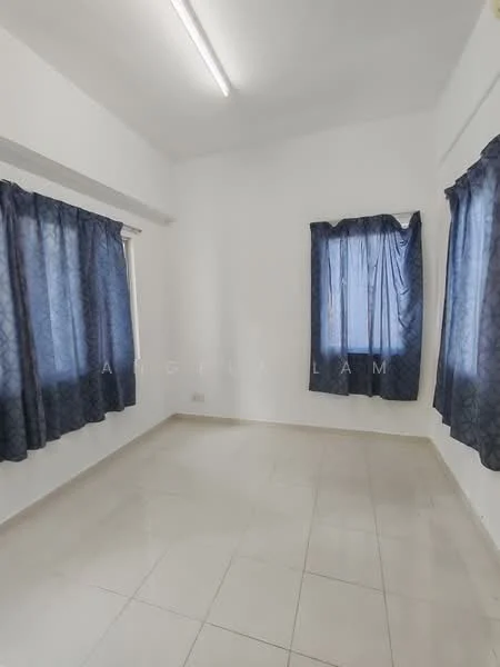 Room features: white painted walls, two windows with blue curtains, tile flooring, ceiling lights, neutral color scheme.