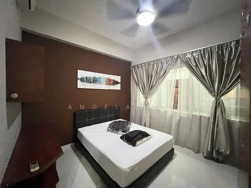 Bedroom features: queen-size bed, upholstered headboard, 2 bedside lamps, wooden bedside table, wall-mounted artwork, grey curtains, floor-to-ceiling windows, white painted walls, brown accent wall, ceiling fan with light, polished tile flooring; style: modern.