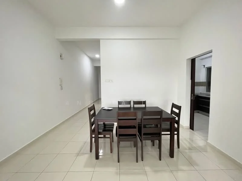 Dining features: white painted walls, tile flooring, 6-seater dining table, wooden dining chairs, recessed downlights, doorway leading to another room, open space layout; style: modern. Room features: white painted walls, tile flooring, doorway leading to hallway.