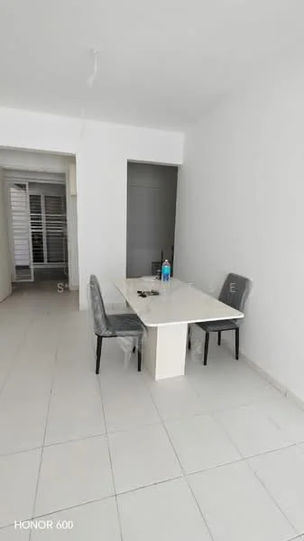 Dining features: white dining table, 4 grey upholstered dining chairs, white tiled flooring, plain white walls, recessed ceiling lights, window with blinds, bottle of water on table, minimalist decor; style: modern. Room features: white walls, white tiled flooring, doorway leading to another room.