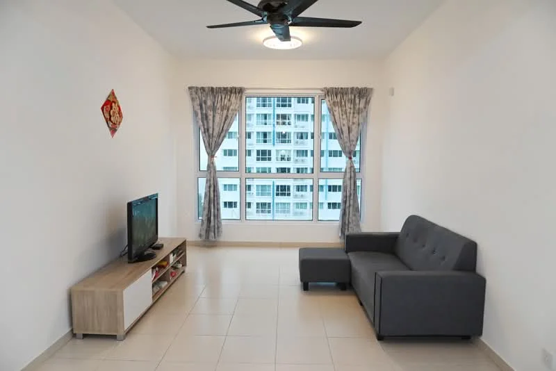 Living features: grey fabric sofa, TV console with storage, wall-mounted TV, floor-to-ceiling windows, sheer curtains, ceiling fan with light, white painted walls, tile flooring; style: modern; view: city.