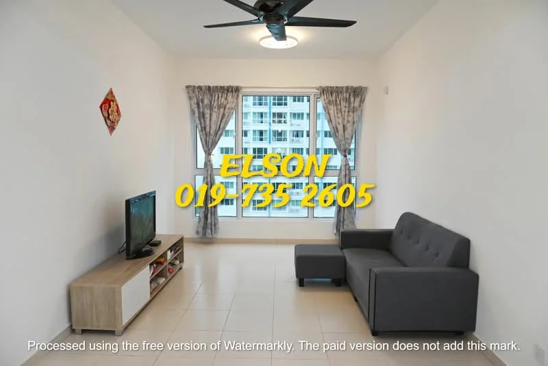 Living features: grey fabric sofa, TV console with storage, wall-mounted TV, floor-to-ceiling windows, curtains, ceiling fan, white painted walls, tile flooring; style: modern; view: city.