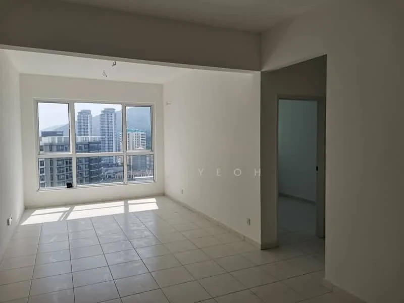 Living features: white painted walls, tile flooring, floor-to-ceiling windows, city view, natural light, recessed downlights, open layout, neutral color scheme; style: modern; view: city. Room features: white painted walls, tile flooring, doorway leading to another room.