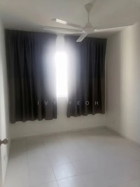 Room features: white painted walls, tile flooring, floor-to-ceiling window, dark curtains, ceiling fan.
