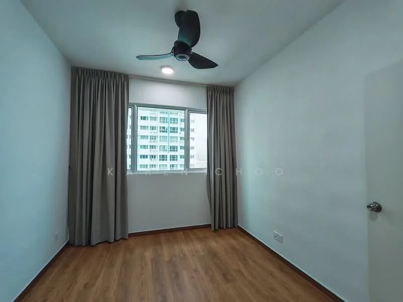 Room features: white painted walls, laminate flooring, 5-blade ceiling fan, floor-to-ceiling window, sheer curtains, curtains in grey, window with city view, light fixture in ceiling; style: modern; view: city.