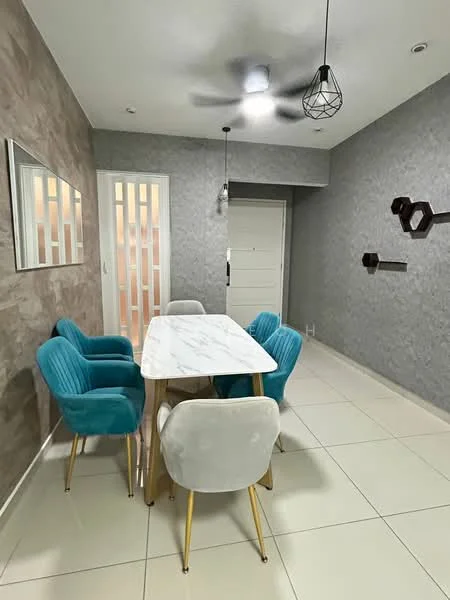 Dining features: marble dining table, 4 upholstered dining chairs in teal and grey, pendant light fixture, grey accent wall, white painted walls, tile flooring, ceiling fan, mirror on wall, decorative wall shelves; style: modern.