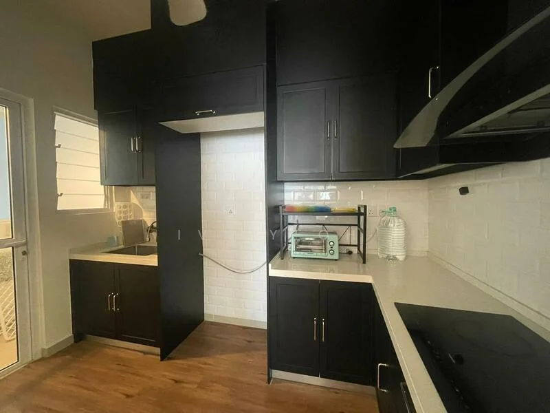 Kitchen features: black cabinetry, white subway tile backsplash, laminate countertop, stainless-steel sink, chrome pull-down faucet, built-in oven, electric cooktop, wood laminate flooring, window with blinds, open shelving, microwave, water dispenser; style: modern.