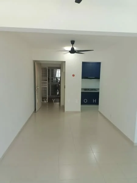 Living features: white painted walls, light-colored tile flooring, 5-blade ceiling fan, doorway leading to another room, open layout, natural light from windows, neutral decor; style: modern. Room features: white painted walls, light-colored tile flooring, doorway leading to kitchen, neutral decor.