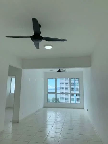 Living features: white painted walls, tile flooring, 2 ceiling fans, large floor-to-ceiling windows, city view, recessed ceiling light; style: modern; view: city.