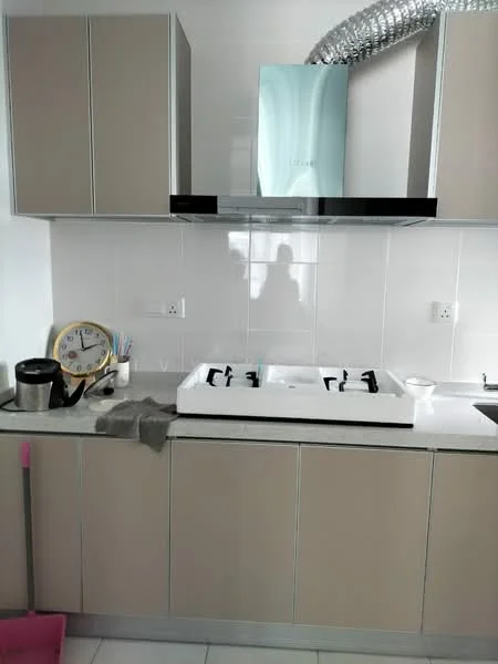 Kitchen features: light beige cabinetry, white countertop, stainless-steel range hood, 4-burner gas hob, white backsplash tiles, clock on wall, sink, kitchen towel, cleaning supplies, ventilation duct, grey dishcloth; style: modern.