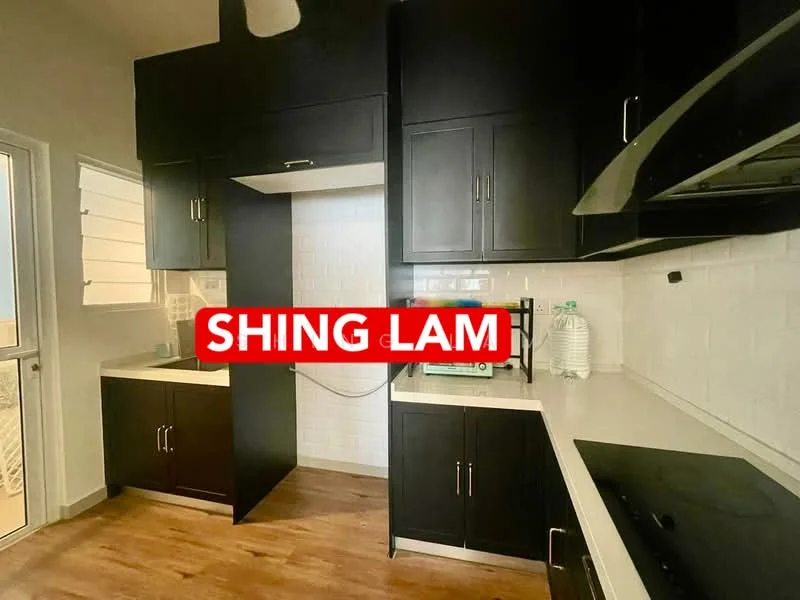 Kitchen features: black cabinetry, white countertop, stainless-steel sink, chrome pull-down faucet, built-in stove, tile backsplash, wood laminate flooring, window with blinds; style: modern.
