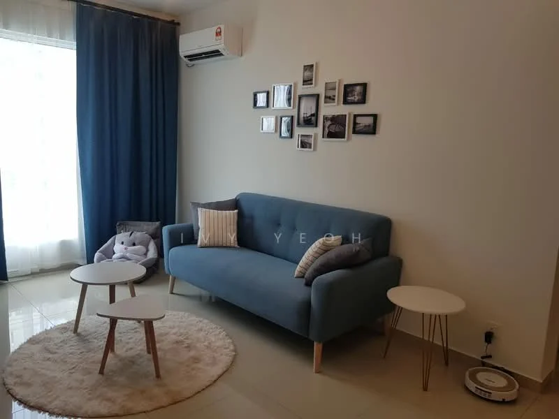 Living features: 3-seater fabric sofa in blue, 2 round coffee tables with white tops, area rug with circular shape, floor-to-ceiling windows with sheer curtains, wall-mounted split AC, decorative wall with framed photos, light-colored painted walls, glossy tile flooring; style: modern.