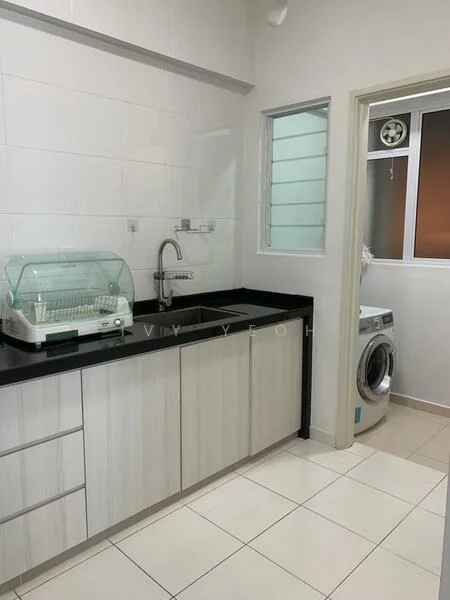 Laundry features: black granite countertop, light wood cabinetry, single-bowl stainless-steel sink, chrome pull-down faucet, dish drying rack, front-load washing machine, white tiled flooring, white tiled walls, window with frosted glass, light fixture on wall; style: modern.