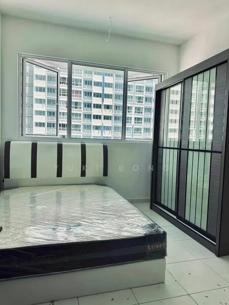 Bedroom features: queen-size bed with mattress, white walls, floor-to-ceiling windows, black and white striped headboard, built-in wardrobe with sliding doors, tile flooring, natural light from windows, curtains, view of neighboring buildings; style: modern; view: city.