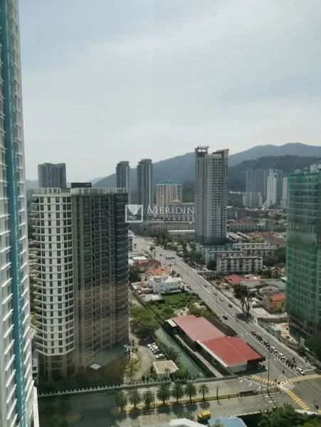 Exterior type: high-rise condominium; features: glass curtain wall, surrounded by urban landscape, city skyline view, multiple high-rise buildings, main road visible, mountain in background; style: modern.