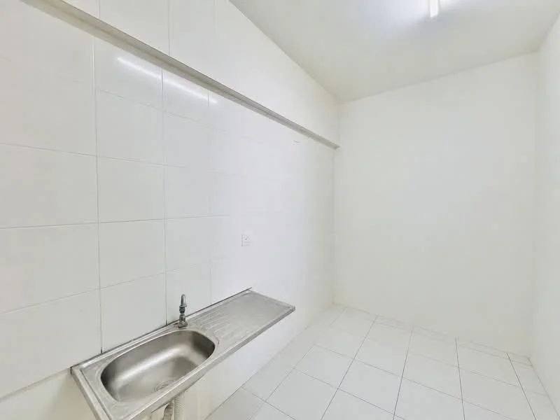 Laundry features: stainless-steel sink, white tiled walls, white tiled flooring, single overhead light fixture, minimalist design, no visible cabinetry, empty space, plain walls; style: minimalist.