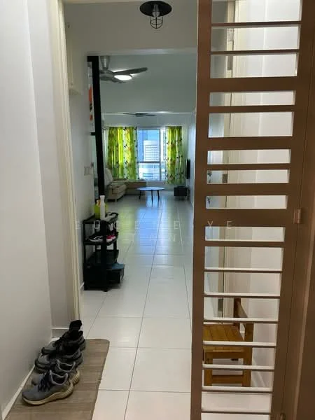 Hallway features: white painted walls, tile flooring, ceiling fan, sliding door, decorative wall grill, shoe rack, light fixture; style: modern; view: living. Living features: floor-to-ceiling windows, curtains with floral pattern, sofa, coffee table, TV console, wall-mounted TV; style: modern; view: city.
