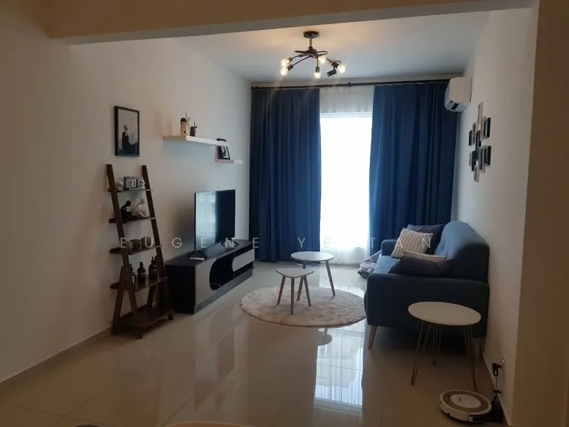 Living features: grey fabric sofa, round white coffee table, two small white side tables, wall-mounted TV, wooden shelving unit, decorative items on shelves, white walls, cream tiled flooring, curtains in dark blue, ceiling light fixture with multiple bulbs, wall-mounted split AC; style: modern.