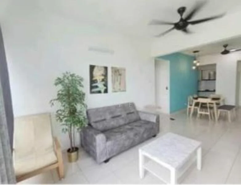 Living features: grey fabric sofa, coffee table with marble top, 2-seater armchair in light wood, decorative houseplant in ceramic pot, framed artwork on walls, white painted walls, tile flooring, ceiling fan with light, recessed downlights; style: modern.