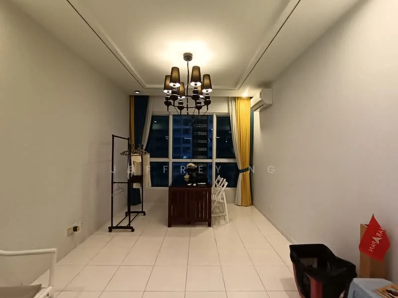 Room features: white painted walls, tile flooring, chandelier light fixture, floor-to-ceiling windows, curtains in yellow, white chairs, wooden table, clothes rack, black trash bin; style: modern; view: city.
