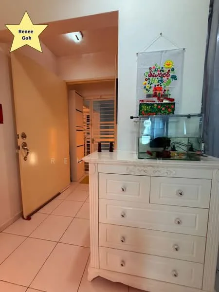 Room features: white painted walls, white tiled flooring, wooden console table with drawers, fish tank, door with glass panel, decorative wall art, ceiling light fixture; style: modern.