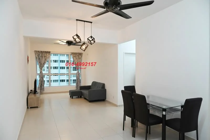 Living features: light grey fabric sofa, 3-blade ceiling fan, hanging pendant lights, glass dining table, 4 black upholstered dining chairs, floor-to-ceiling windows, curtains, cream tiled flooring, white painted walls, TV console, wall-mounted TV; style: modern; view: city.
