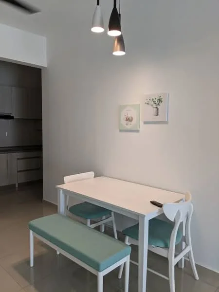 Dining features: white dining table, light blue upholstered bench, two light blue upholstered chairs, pendant lighting with three bulbs, white painted walls, grey tile flooring, framed artwork on wall, decorative plant in vase; style: modern.